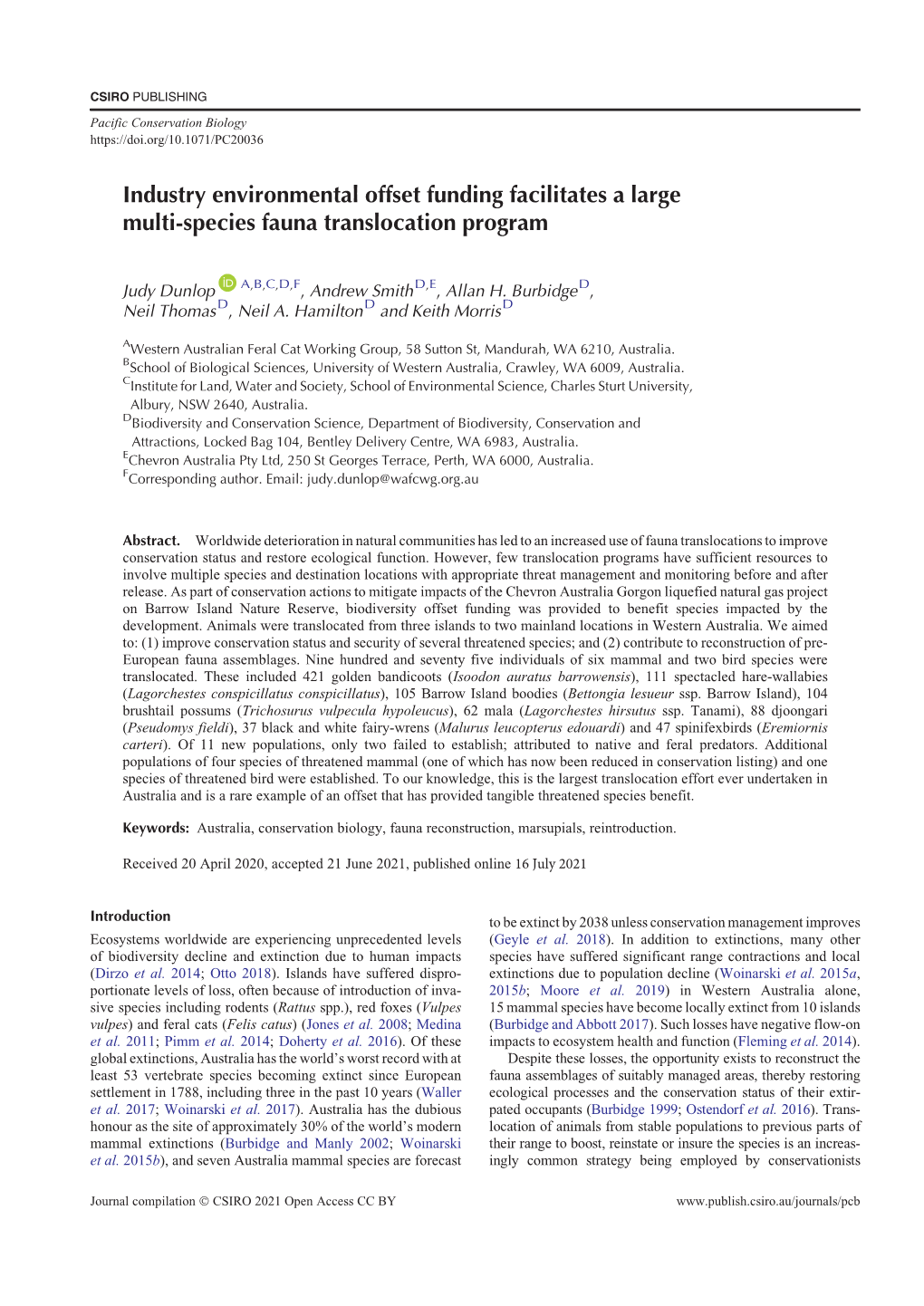 Industry Environmental Offset Funding Facilitates a Large Multi-Species Fauna Translocation Program