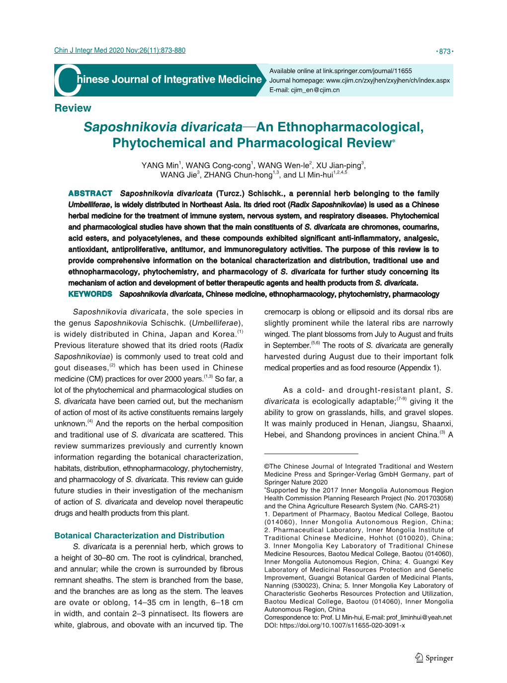 Saposhnikovia Divaricata—An Ethnopharmacological, Phytochemical and Pharmacological Review