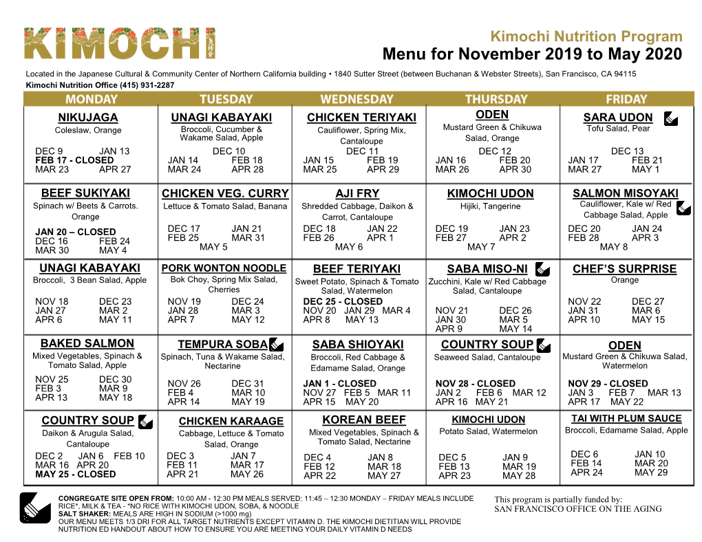 Menu for November 2019 to May 2020