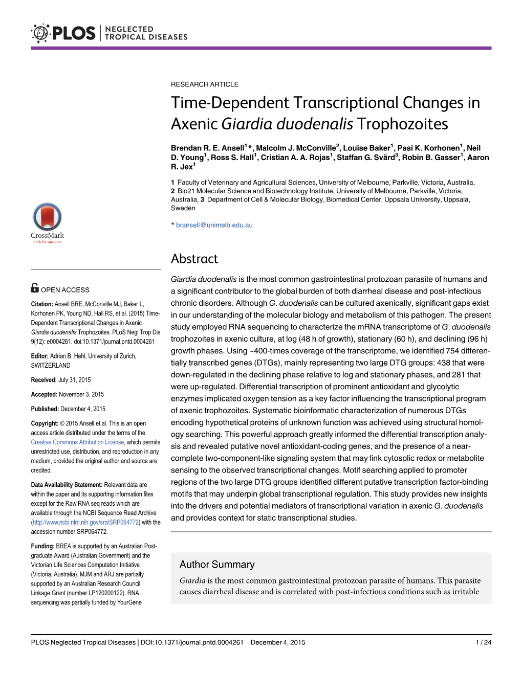 Time-Dependent Transcriptional Changes in Axenic Giardia Duodenalis Trophozoites