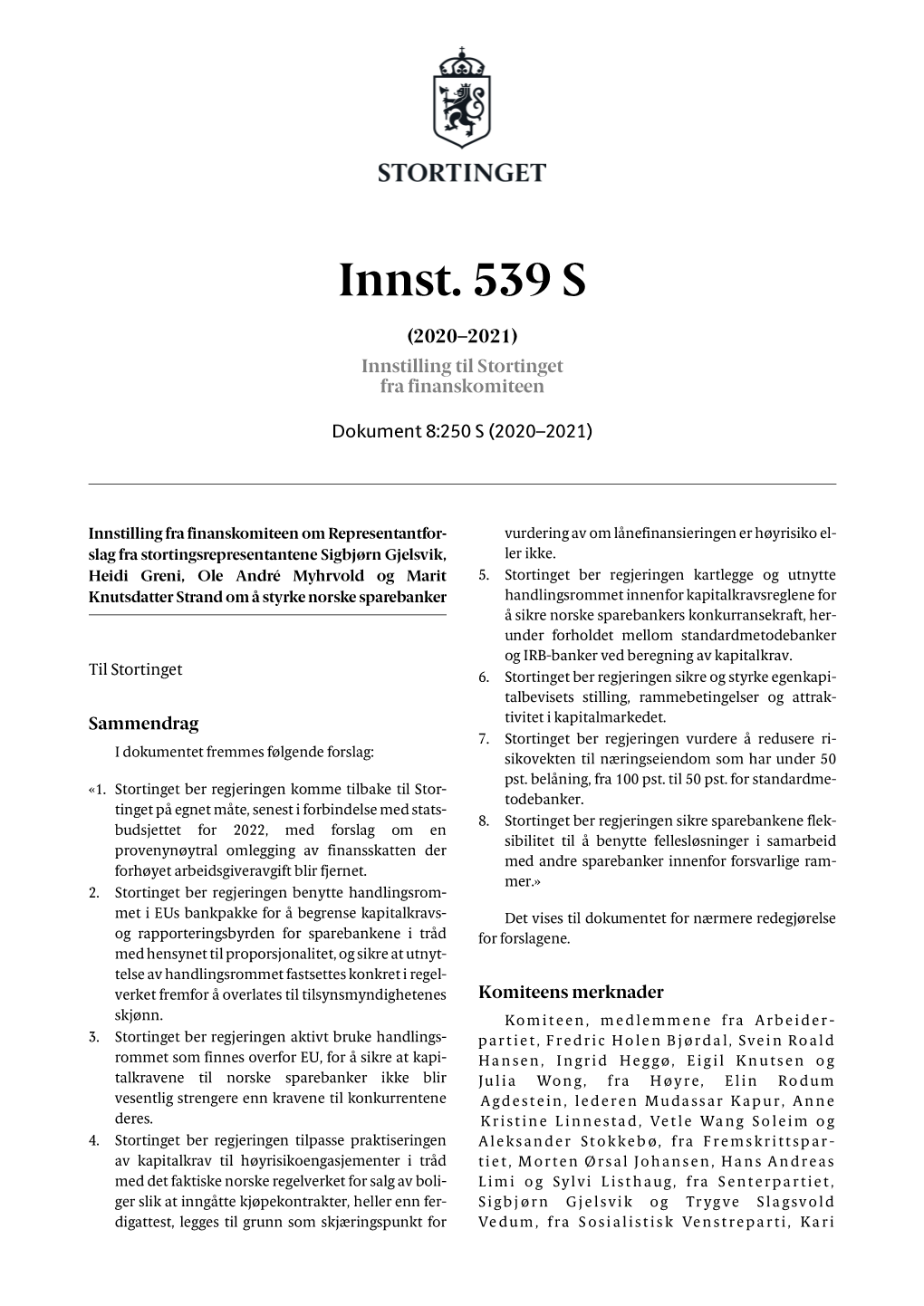 Innst. 539 S (2020–2021) Innstilling Til Stortinget Fra Finanskomiteen