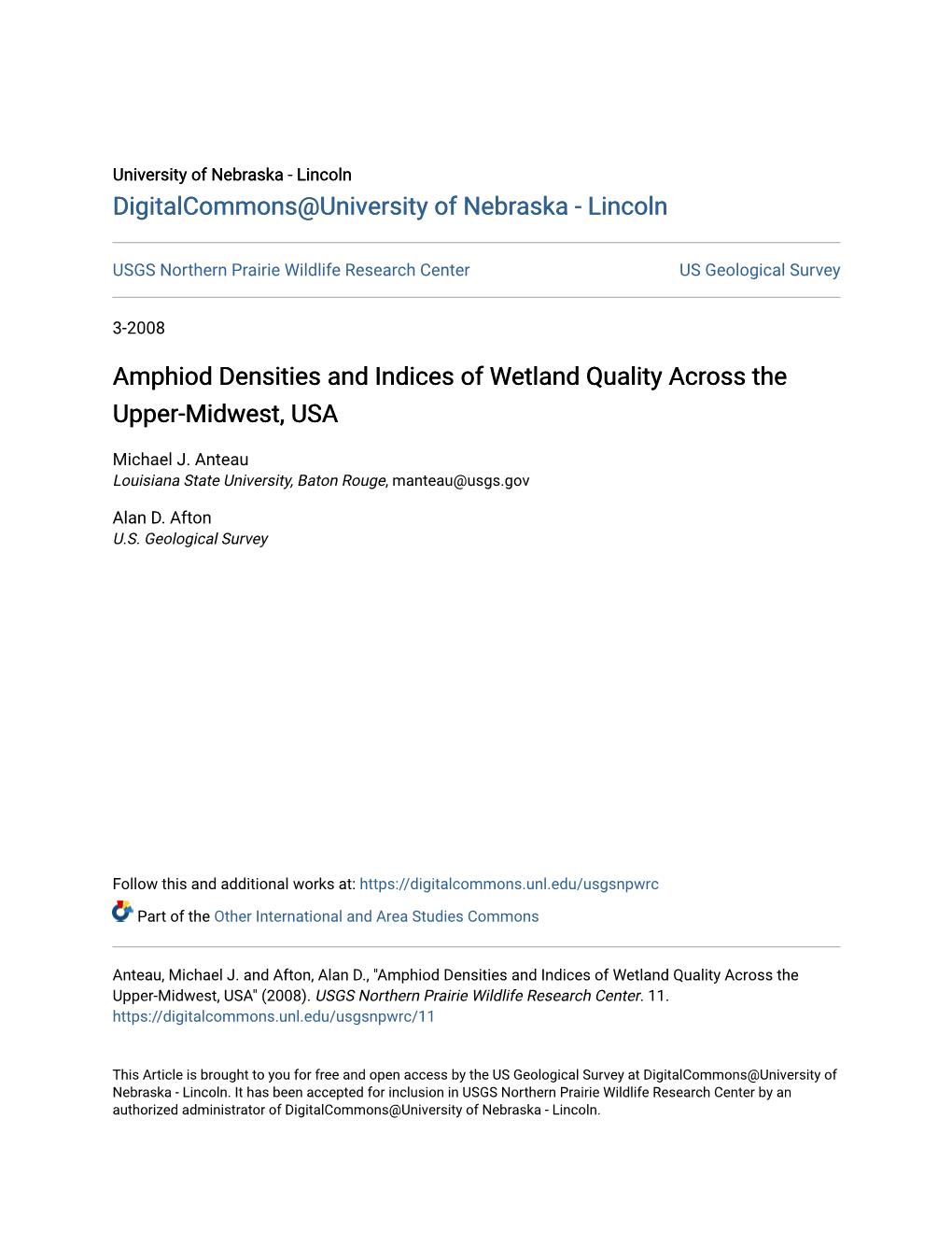 Amphiod Densities and Indices of Wetland Quality Across the Upper-Midwest, USA