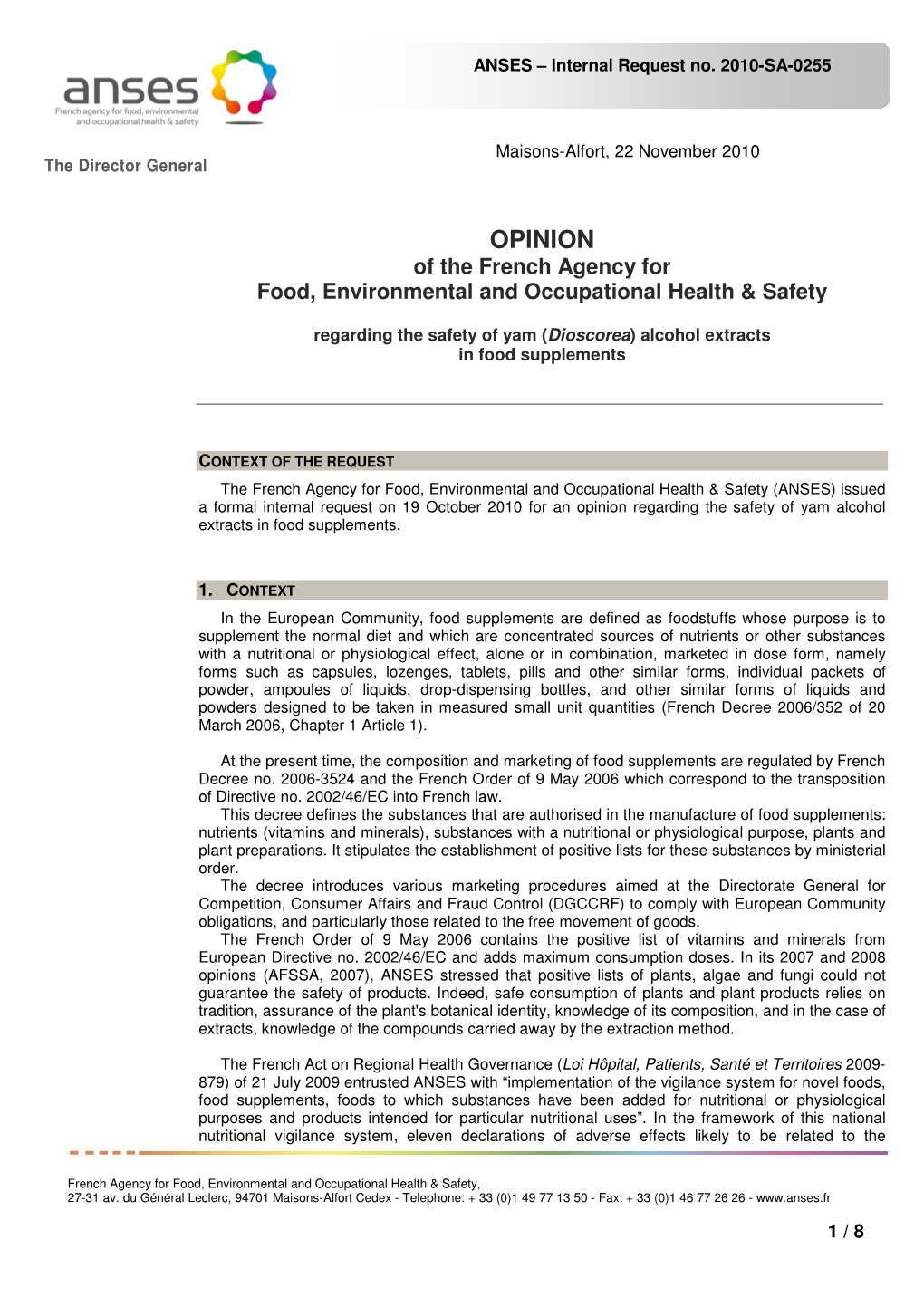 OPINION of the French Agency for Food, Environmental and Occupational Health & Safety