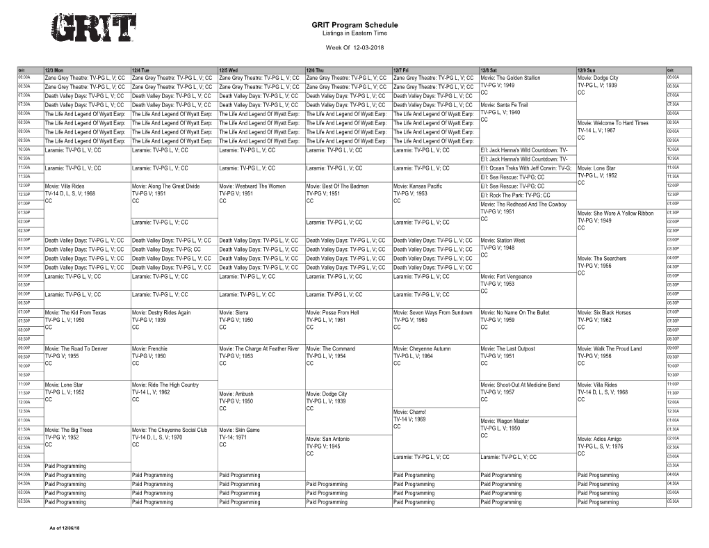 GRIT Program Schedule Listings in Eastern Time