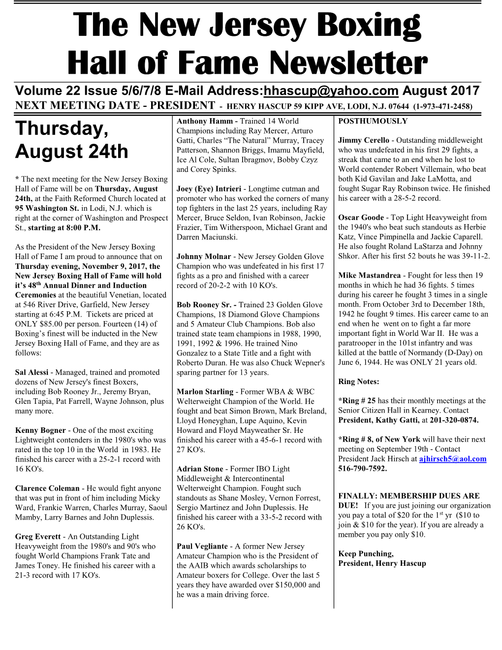 N.J. Boxing Hall of Fame Newsletter August 2017