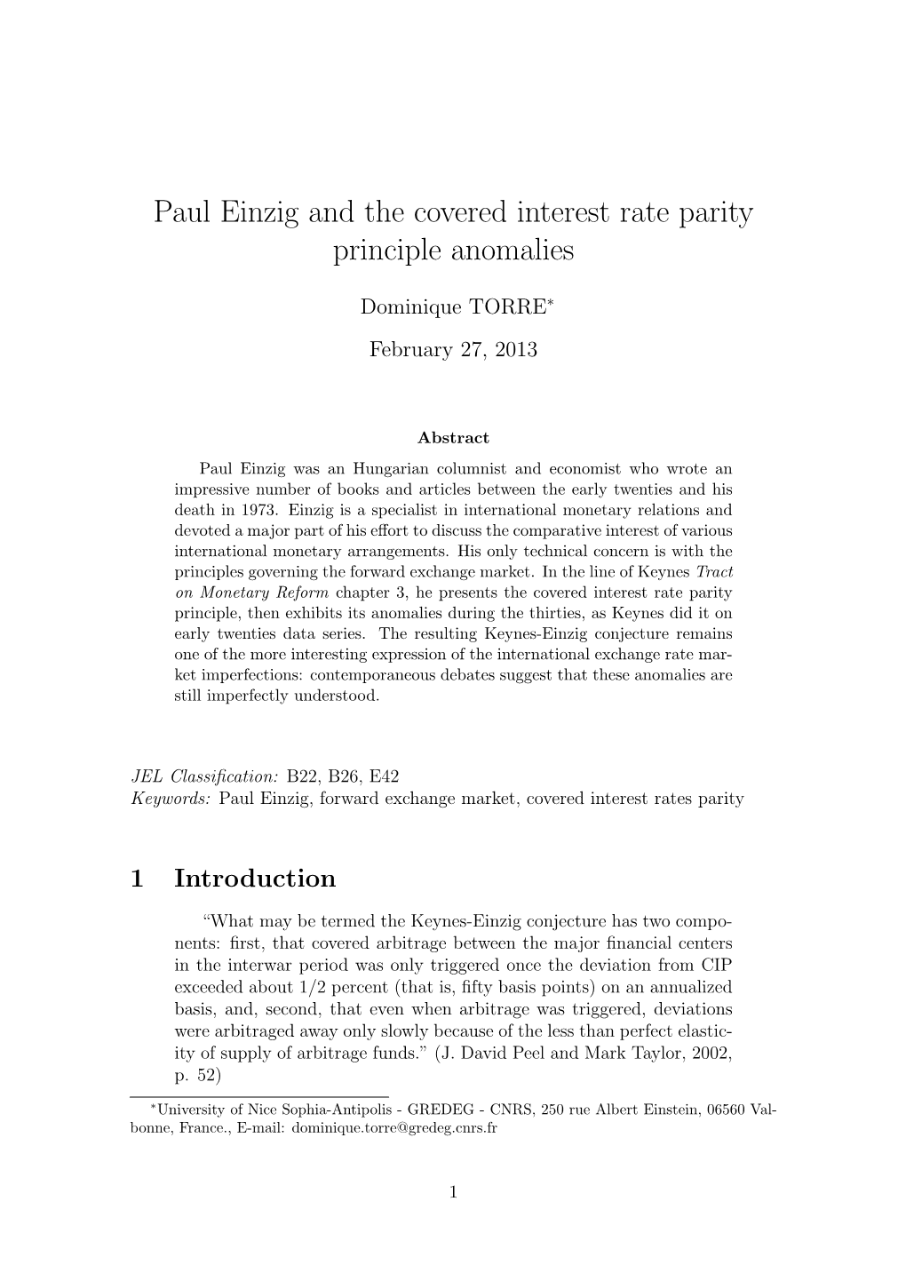 Paul Einzig and the Covered Interest Rate Parity Principle Anomalies