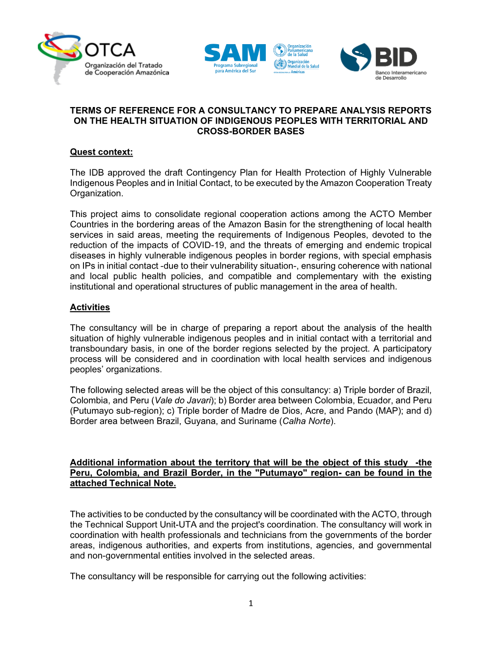 1 Terms of Reference for a Consultancy to Prepare Analysis Reports on the Health Situation of Indigenous Peoples with Territoria