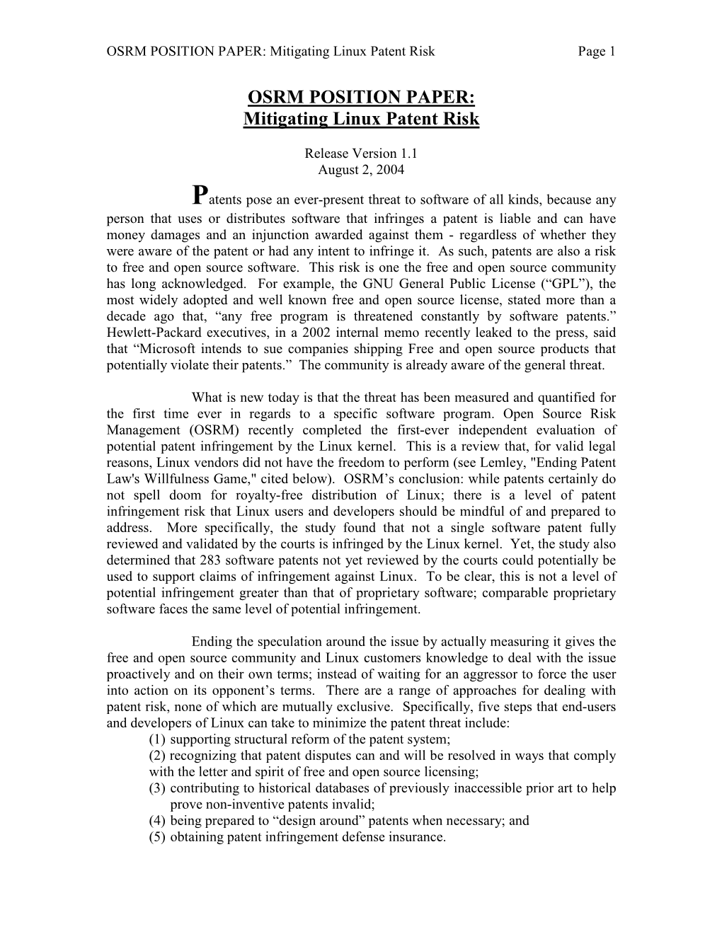 OSRM POSITION PAPER: Mitigating Linux Patent Risk Page 1