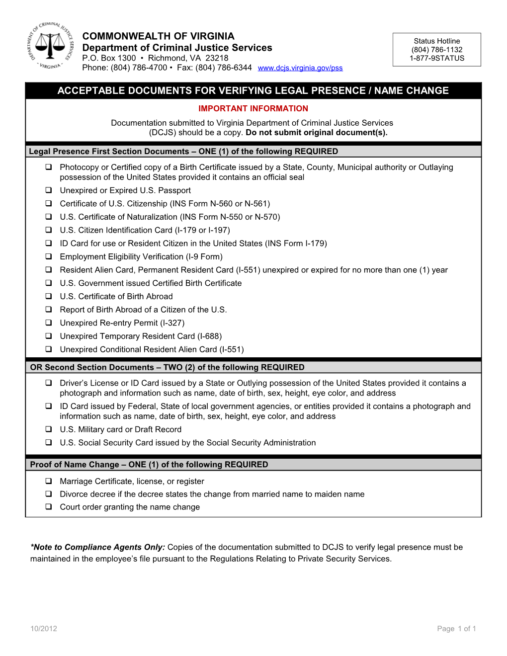 Acceptable Documents for Verifying Legal Presence / Name Change