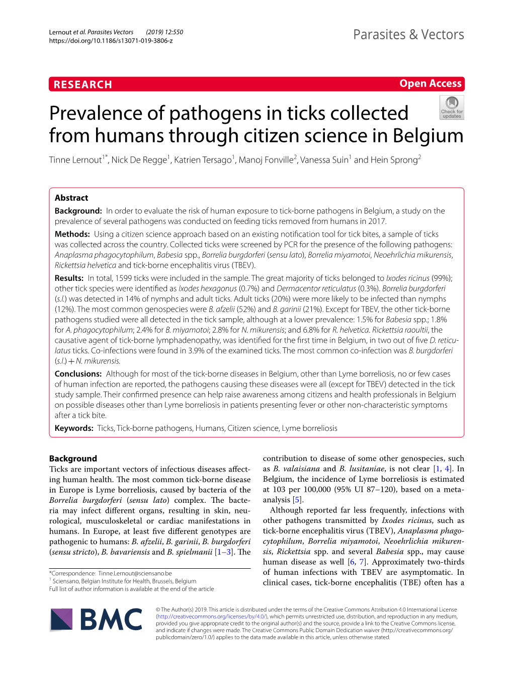 Prevalence of Pathogens in Ticks Collected from Humans