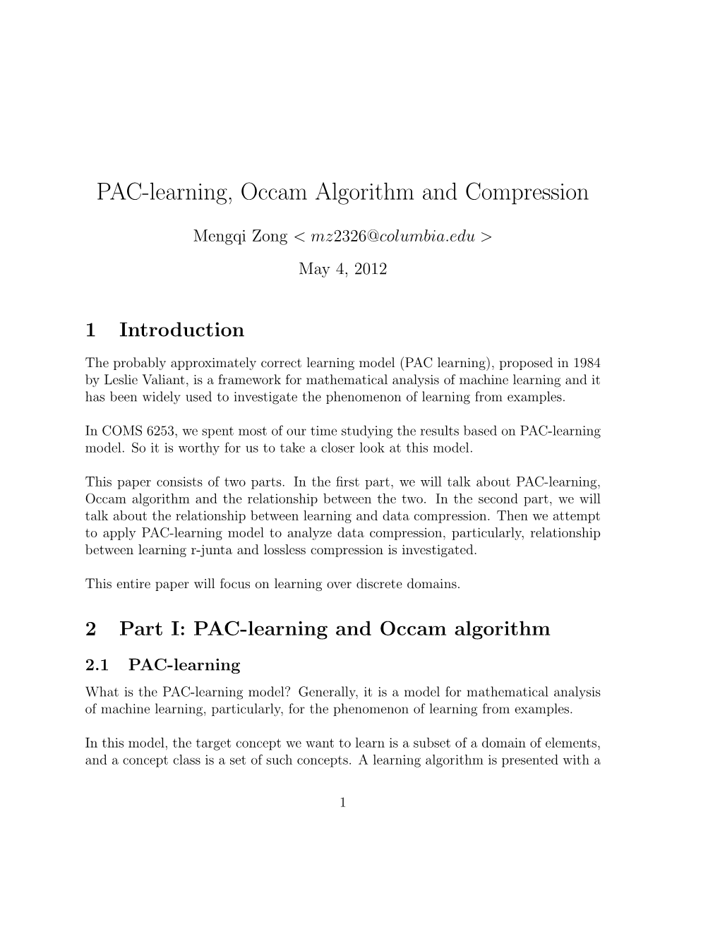 PAC-Learning, Occam Algorithm and Compression