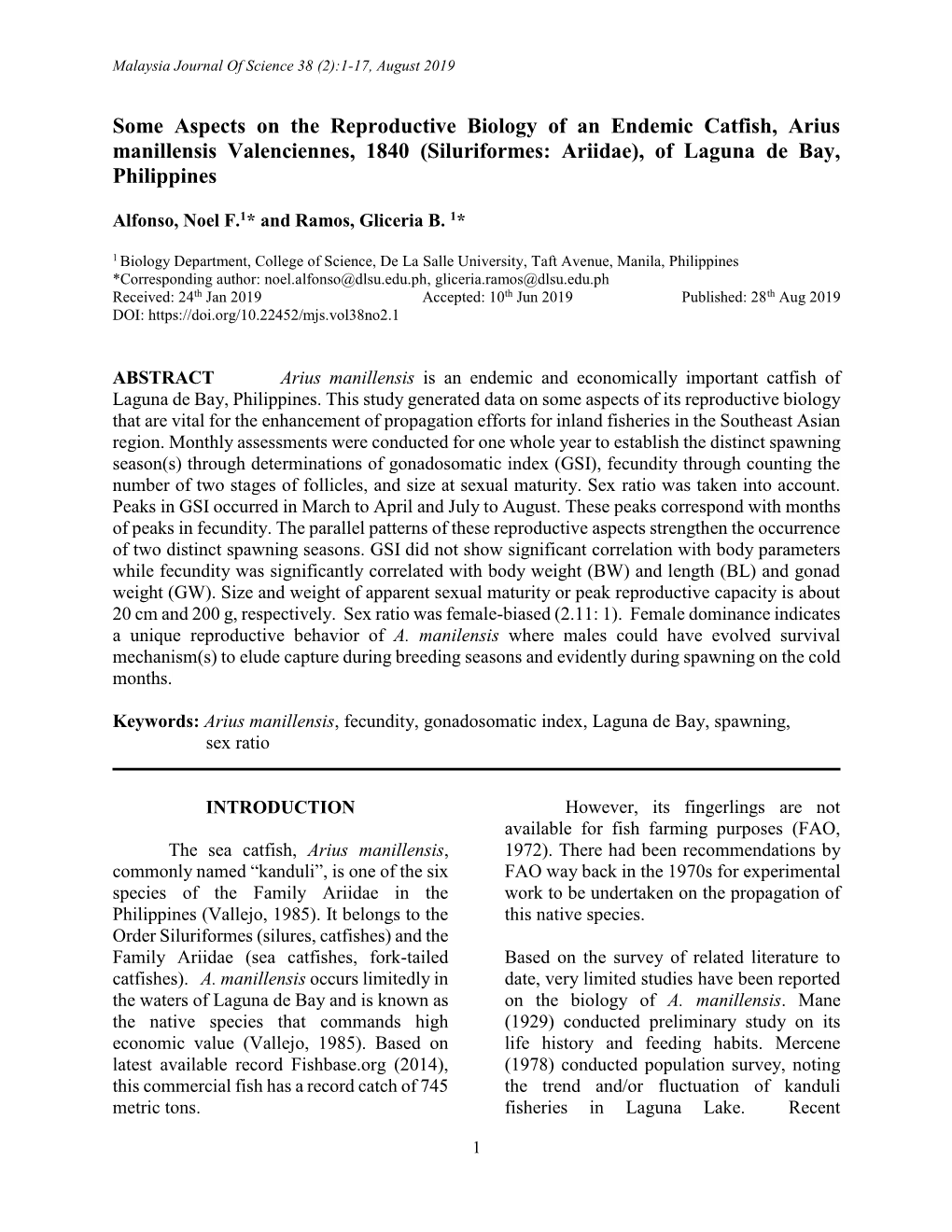 Some Aspects on the Reproductive Biology of an Endemic Catfish, Arius Manillensis Valenciennes, 1840 (Siluriformes: Ariidae), of Laguna De Bay, Philippines