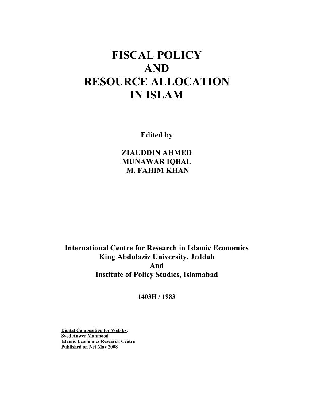 Fiscal Policy and Resource Allocation in Islam