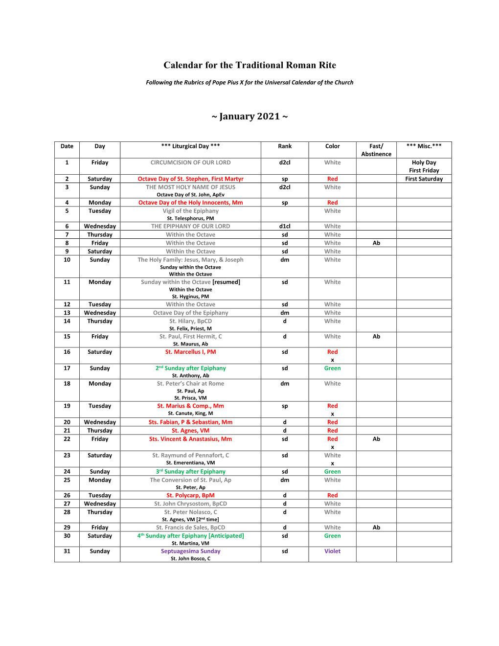 Calendar for the Traditional Roman Rite ~ January