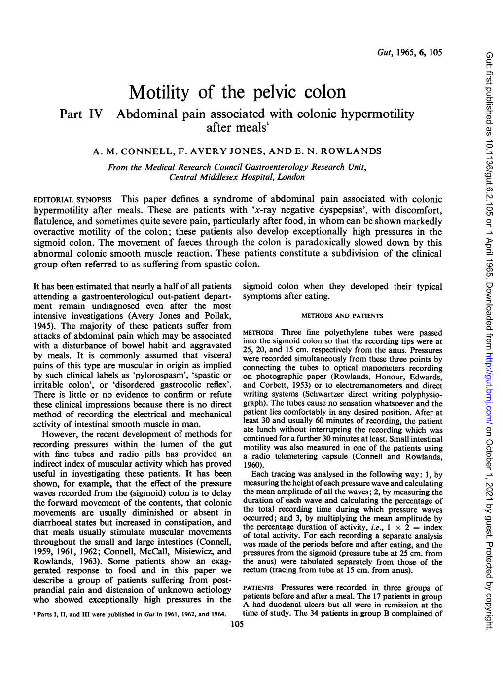 Motility of the Pelvic Colon Part IV Abdominal Pain Associated with Colonic Hypermotility After Meals'