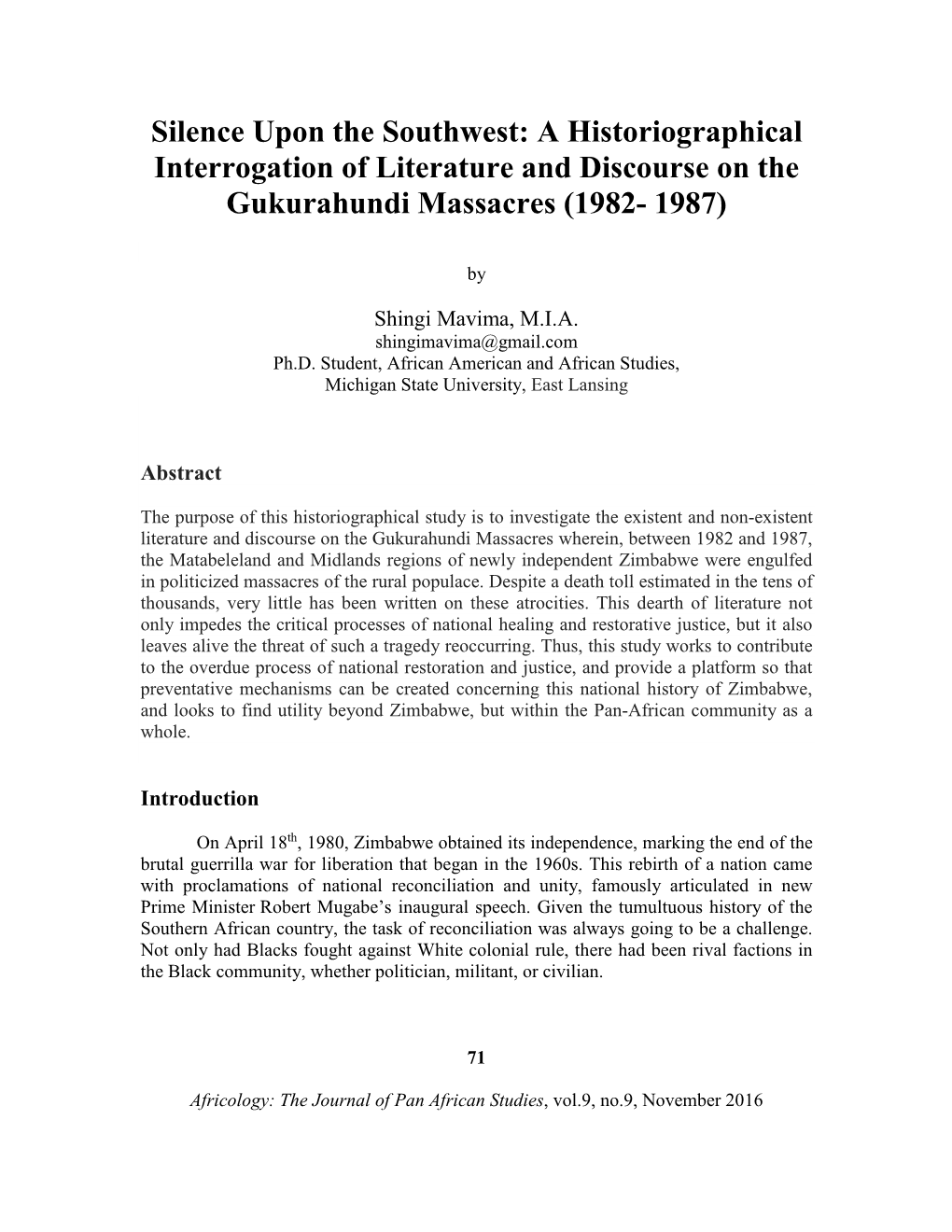 A Historiographical Interrogation of Literature and Discourse on the Gukurahundi Massacres (1982- 1987)