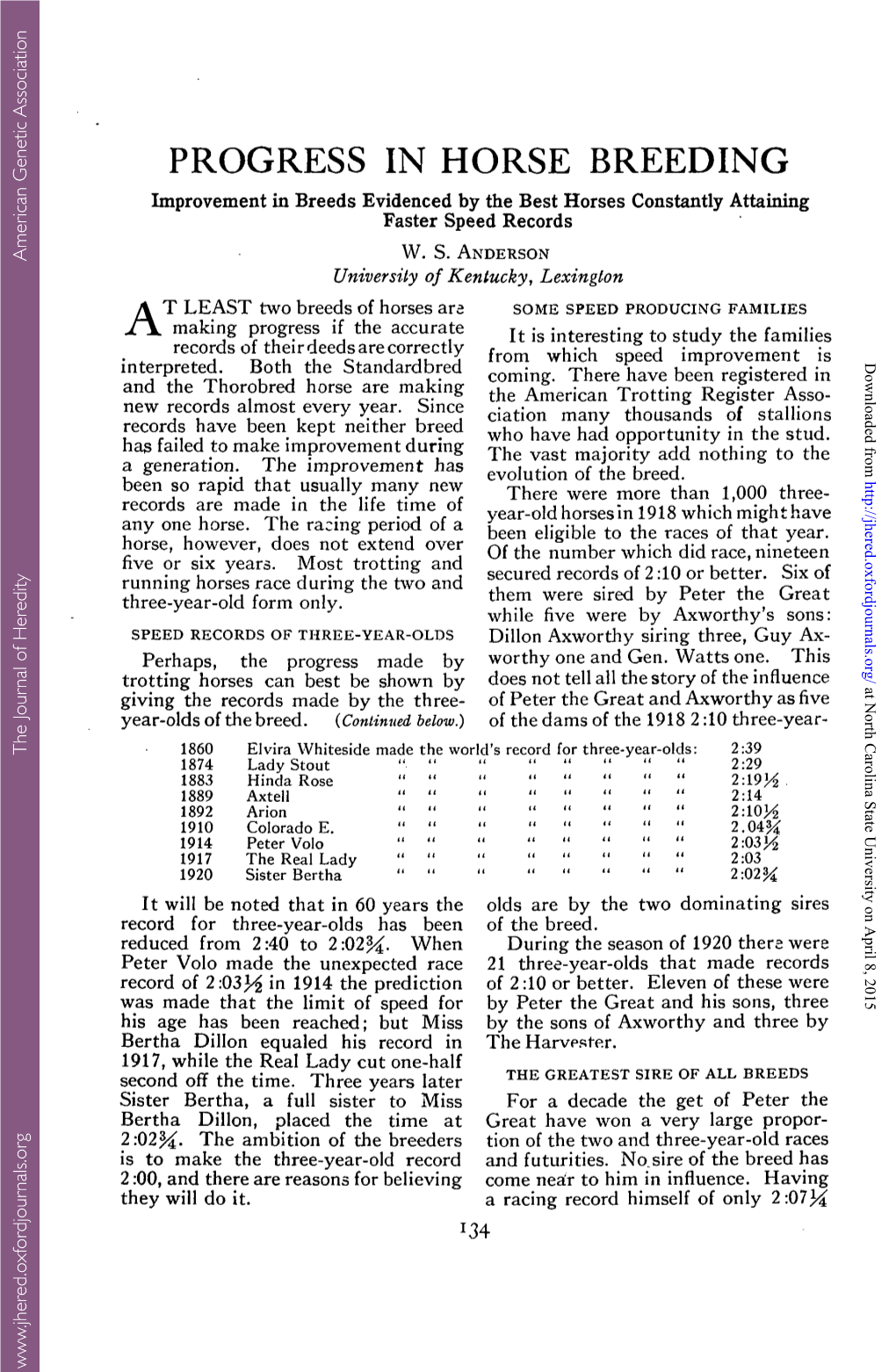 PROGRESS in HORSE BREEDING Improvement in Breeds Evidenced by the Best Horses Constantly Attaining Faster Speed Records W