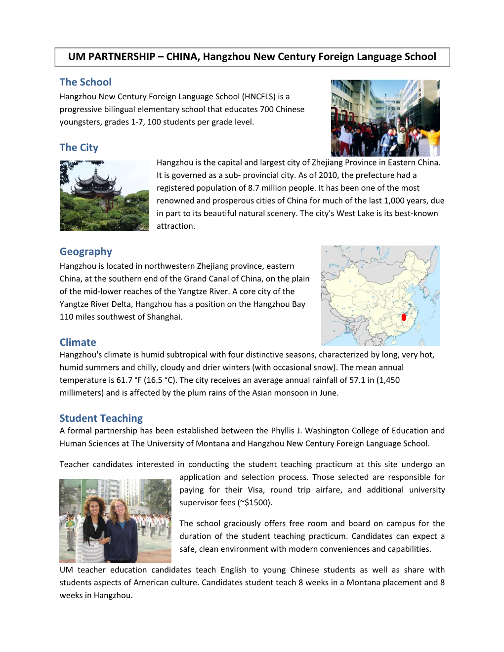 CHINA, Hangzhou New Century Foreign Language School the School the City Geography Climate Student Teaching