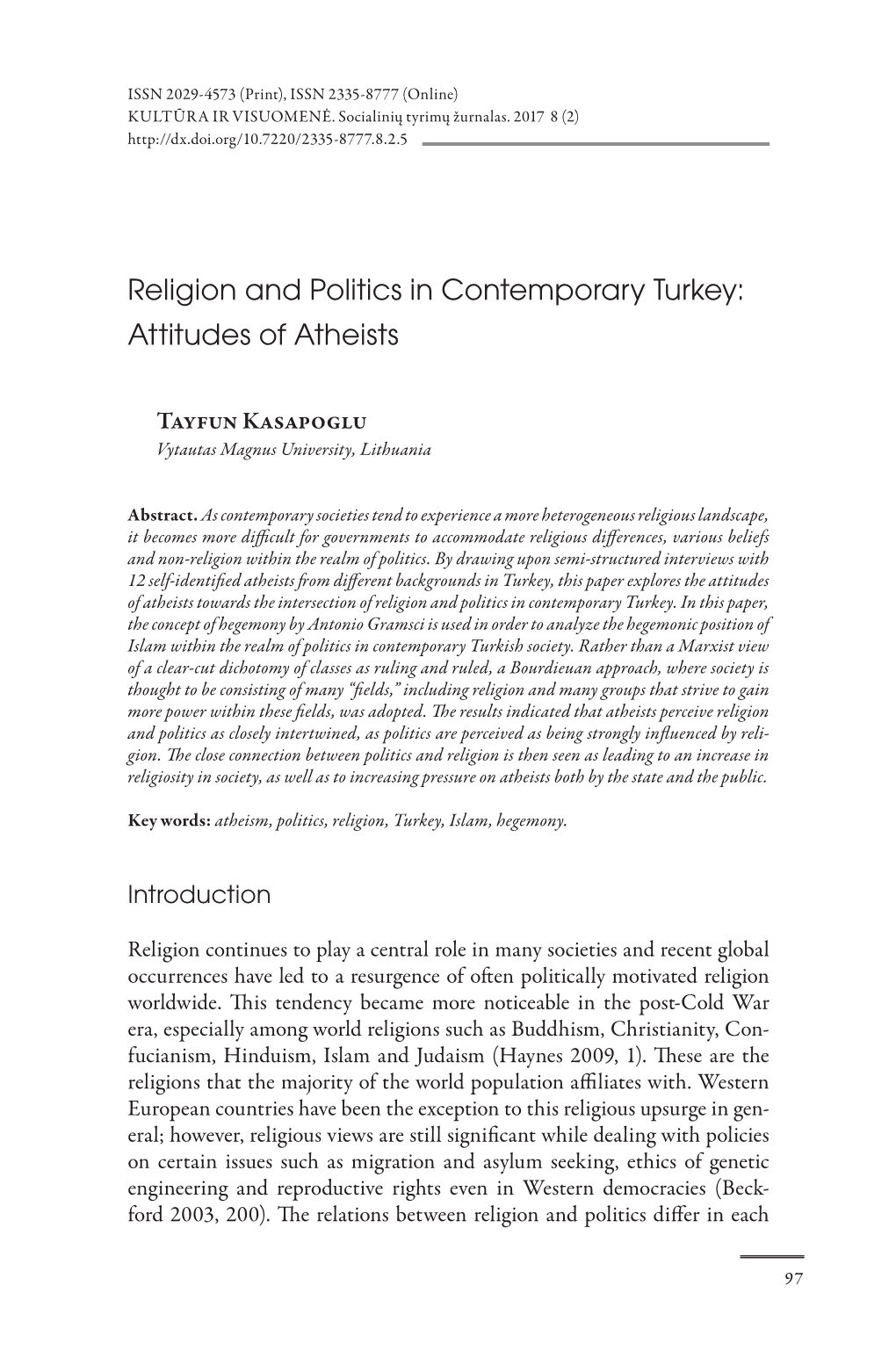 Religion and Politics in Contemporary Turkey: Attitudes of Atheists