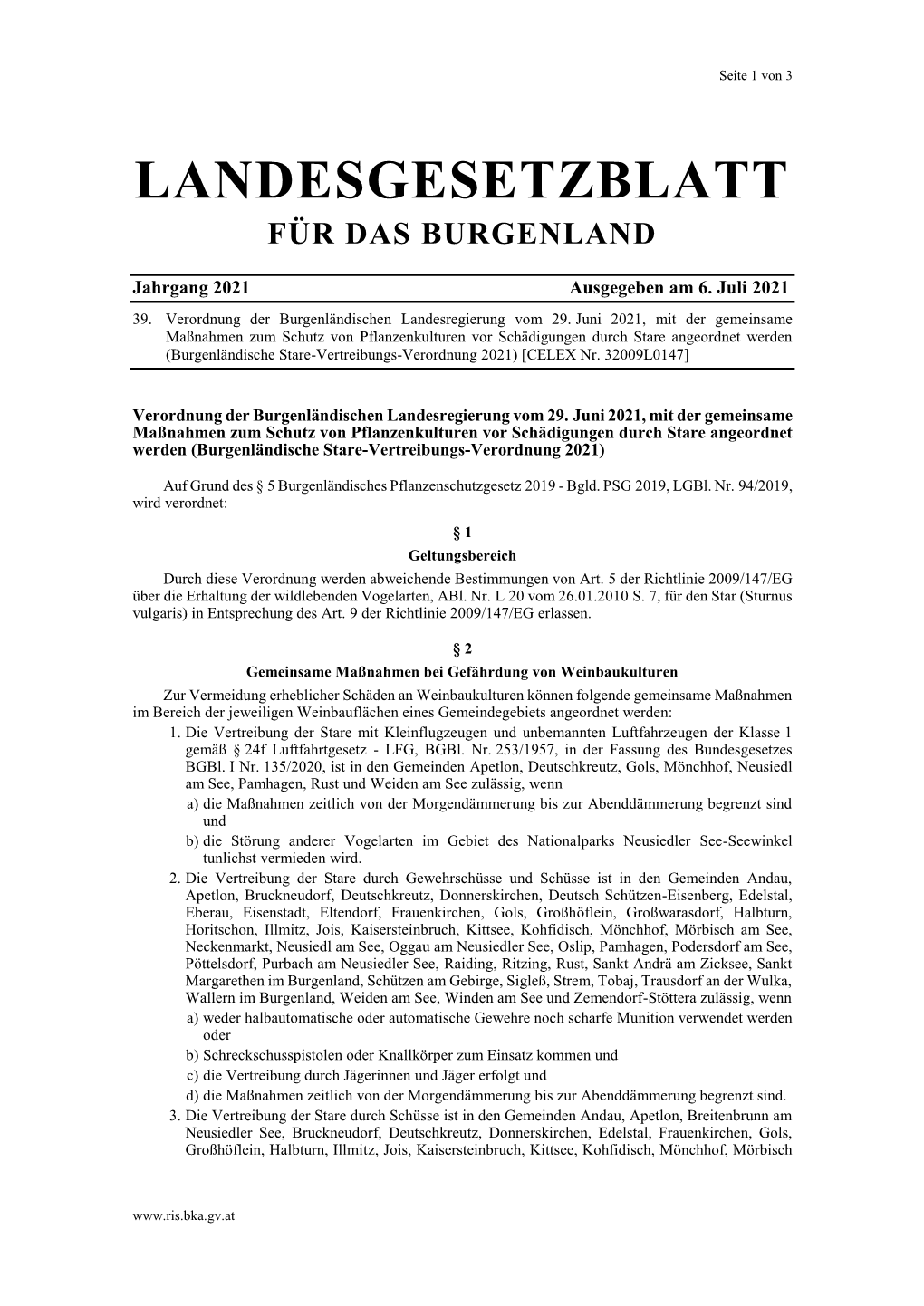 Beschluss Der Landesregierung, Vom 29.06.2021, Lgbl. Nr. 39/2021