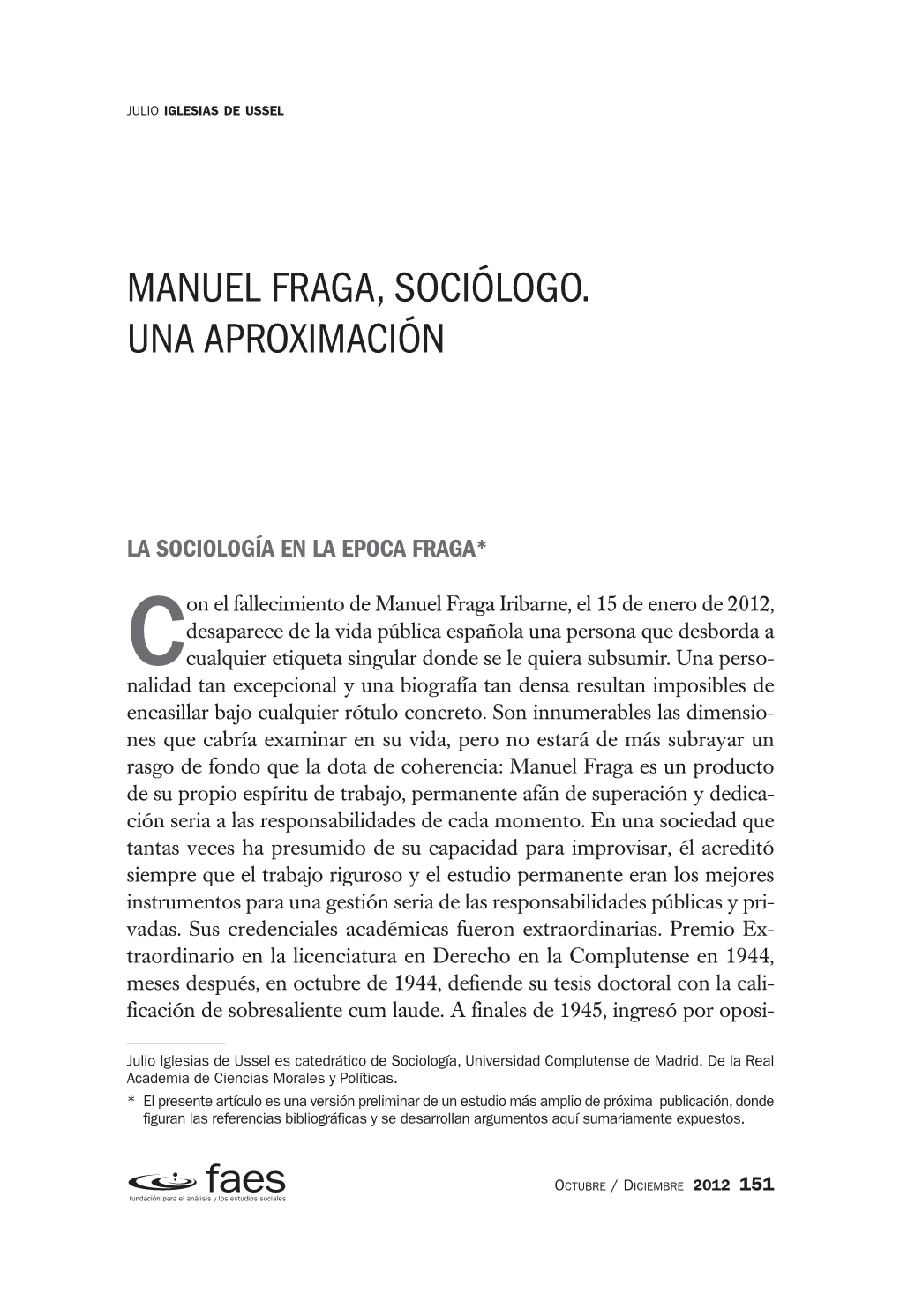 Manuel Fraga, Sociólogo. Una Aproximación