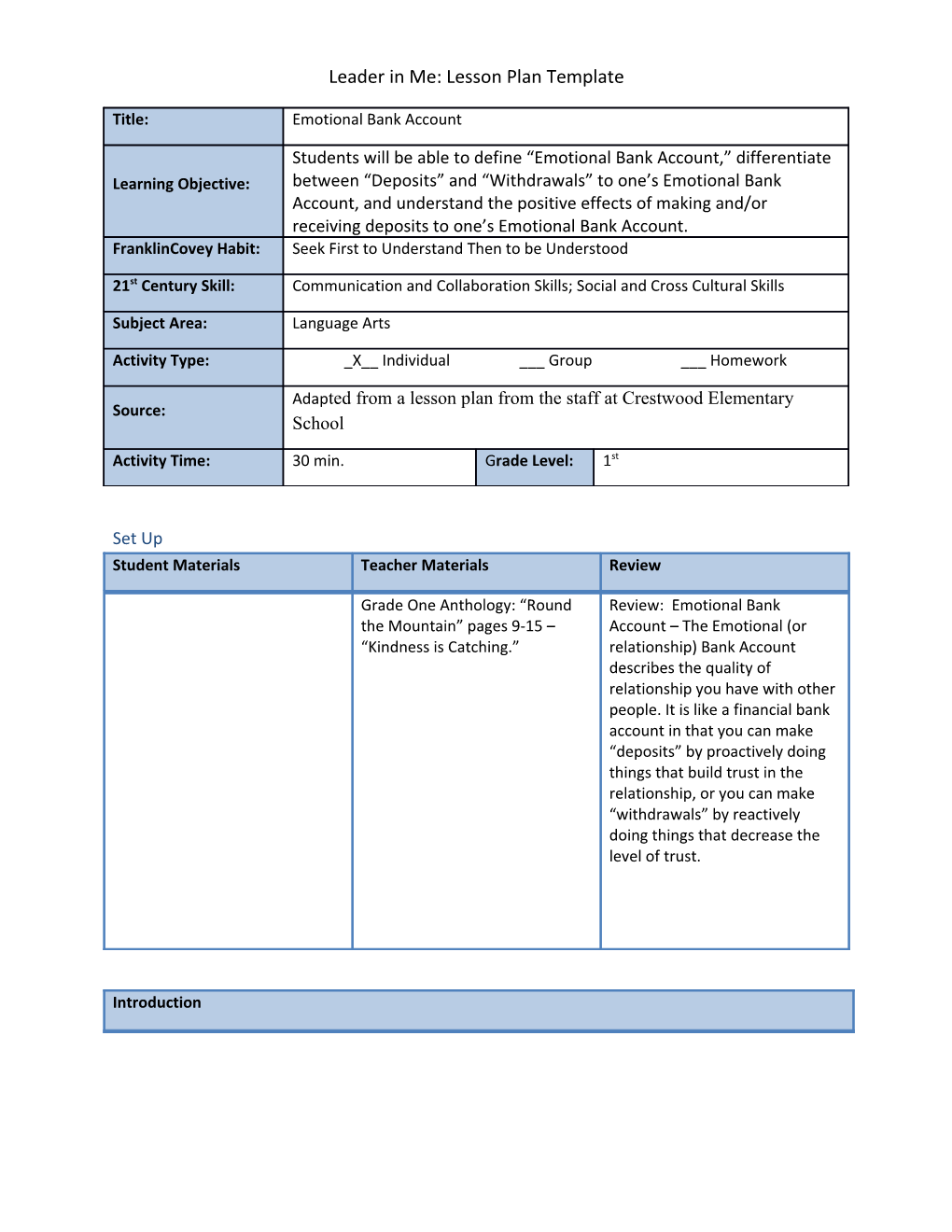 Leader in Me: Lesson Plan Template