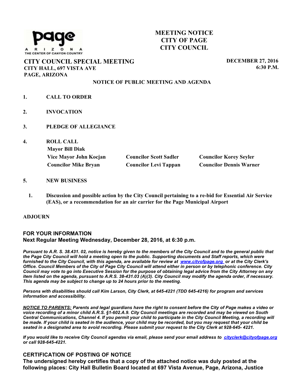 Meeting Notice City of Page City Council City Council