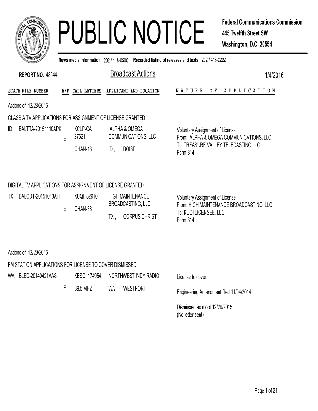 PUBLIC NOTICE Federal Communications Commission