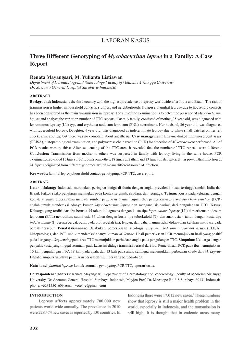 Laporan Kasus Three Different Genotyping of Mycobacterium Leprae in a Family: a Case Report