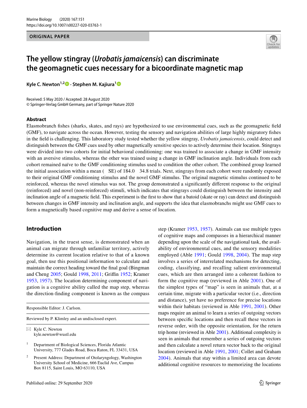 The Yellow Stingray (Urobatis Jamaicensis) Can Discriminate the Geomagnetic Cues Necessary for a Bicoordinate Magnetic Map