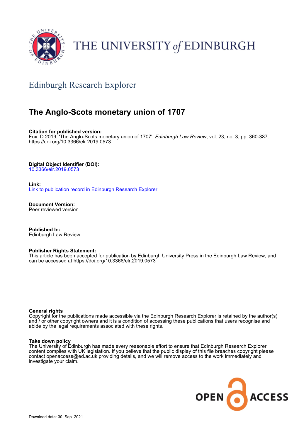 The Anglo-Scots Monetary Union of 1707