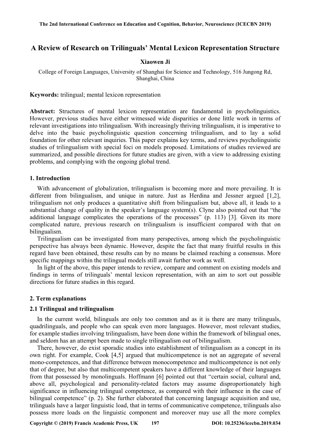 A Review of Research on Trilinguals' Mental Lexicon Representation