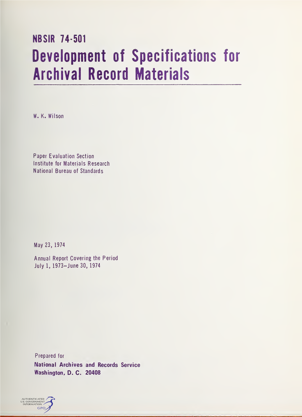 Development of Specifications for Archival Record Materials