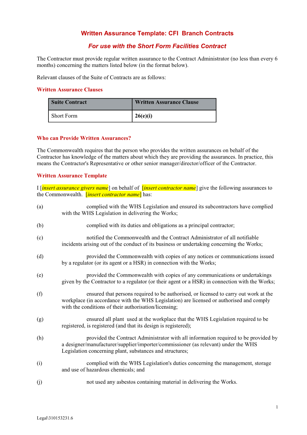 Written Assurance Template: CFI Branch Contracts