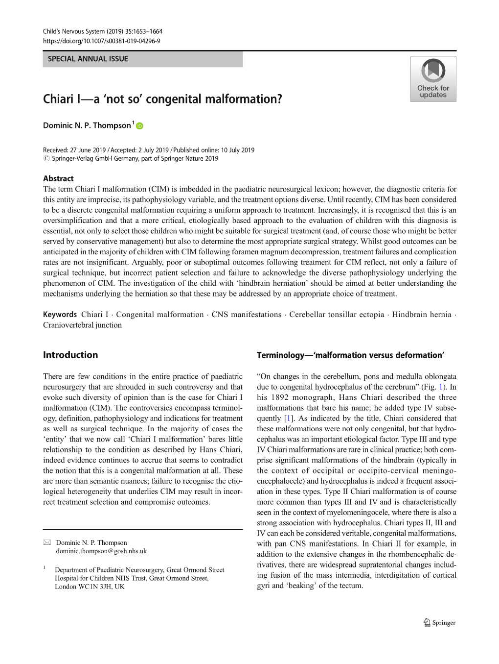 Chiari I—A 'Not So' Congenital Malformation?