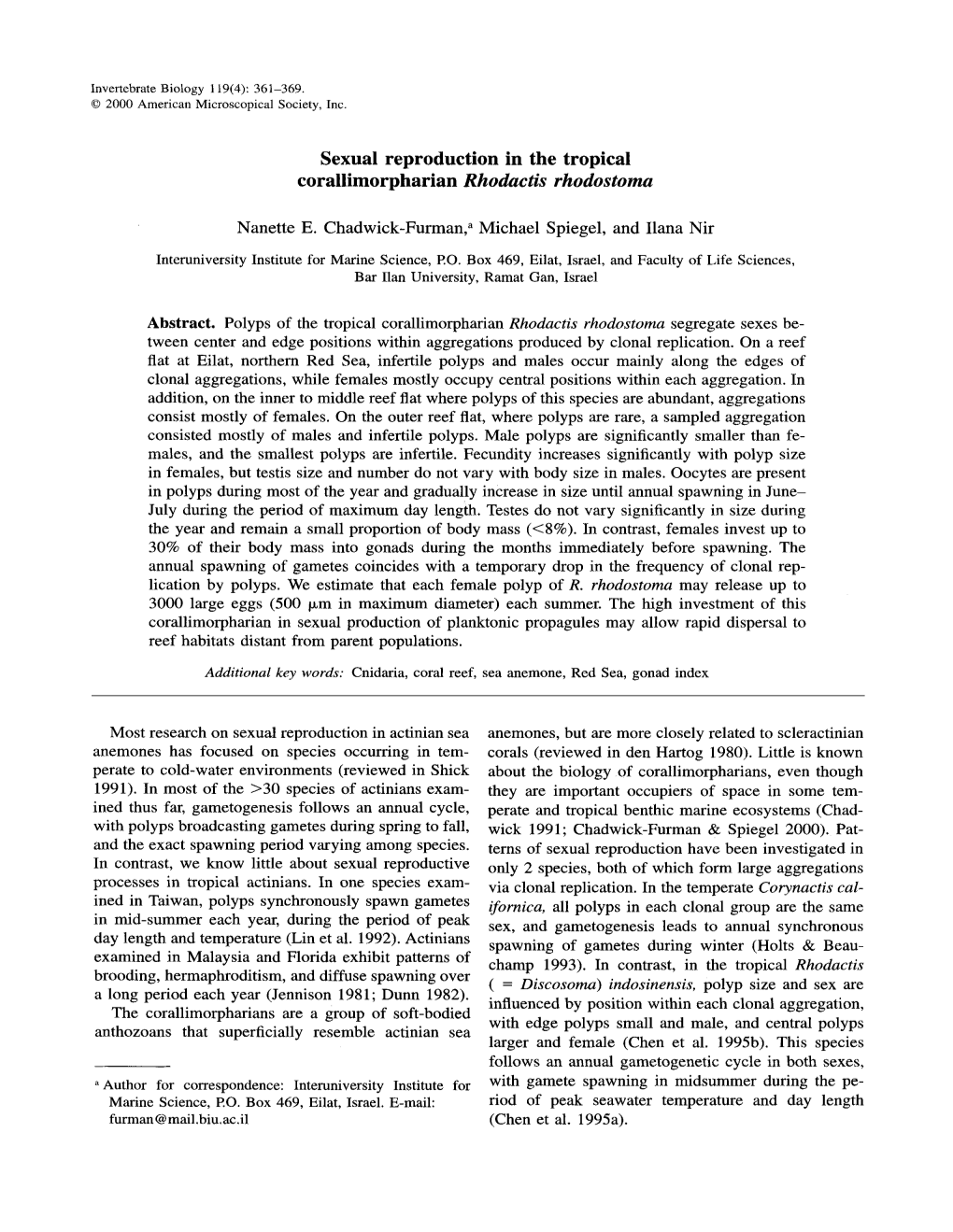 Sexual Reproduction in the Tropical Corallimorpharian Rhodactis Rhodostoma