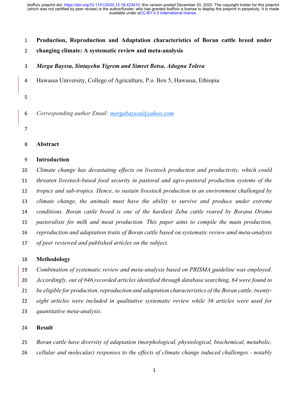 Production, Reproduction and Adaptation Characteristics of Boran Cattle Breed Under 2 Changing Climate: a Systematic Review and Meta-Analysis