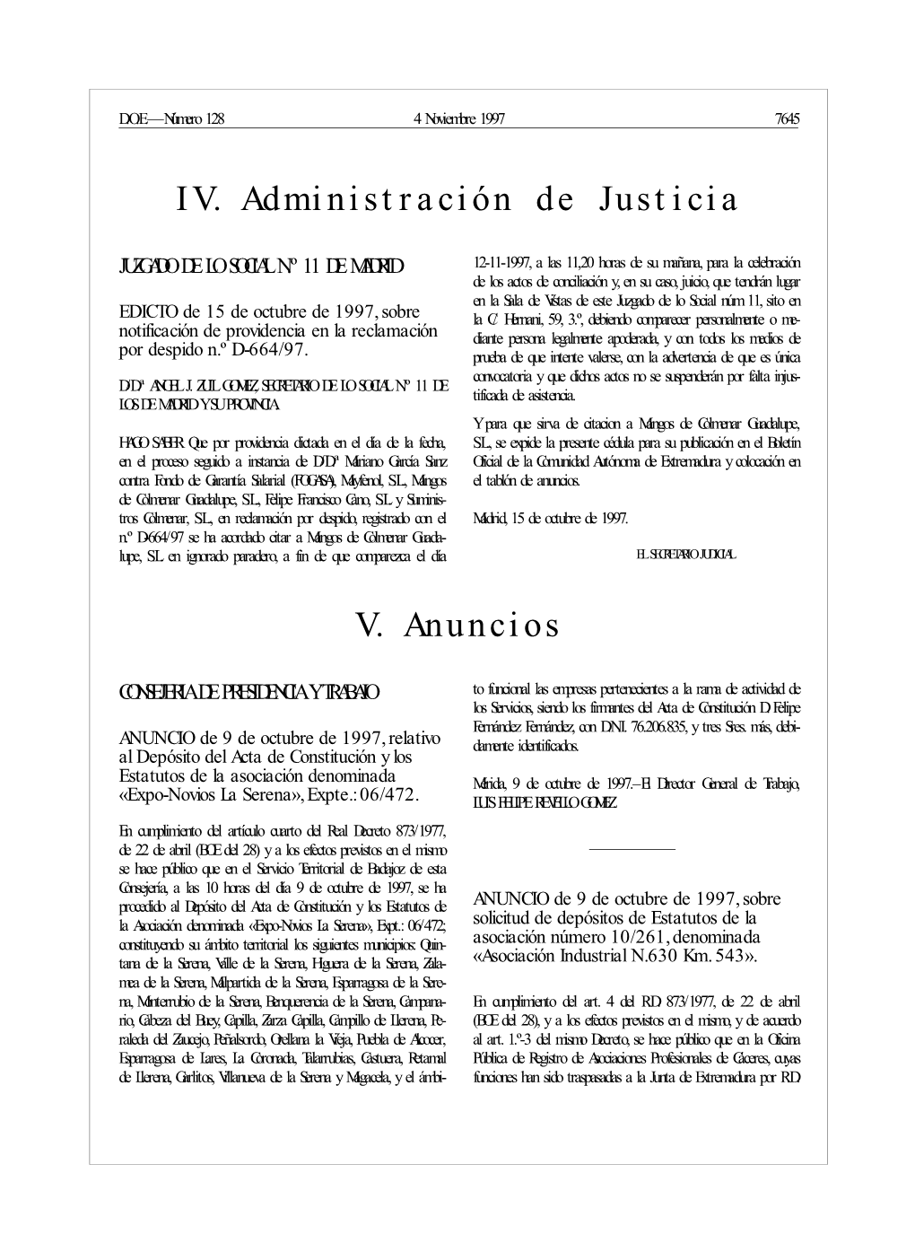 IV. Administración De Justicia V. Anuncios