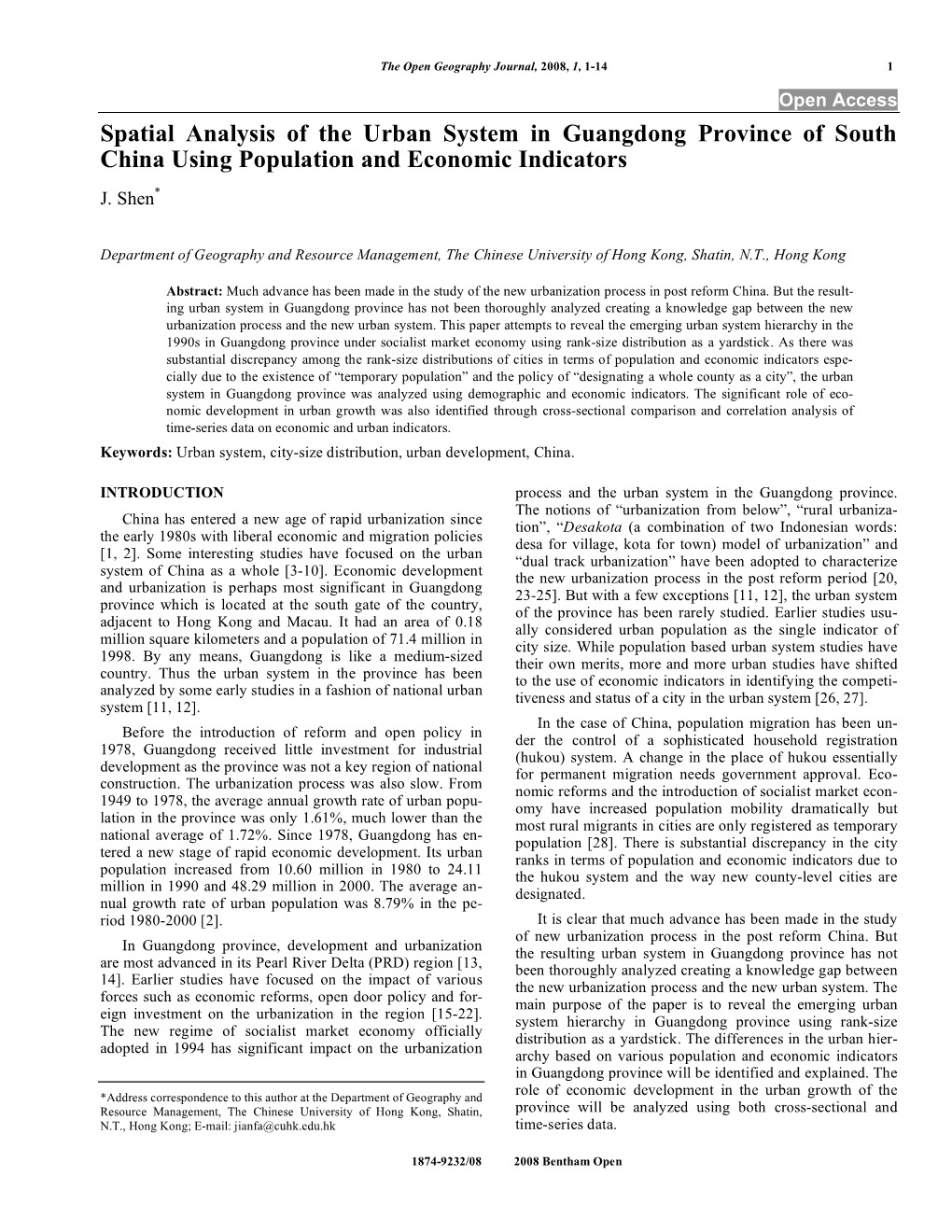 Spatial Analysis of the Urban System in Guangdong Province of South China Using Population and Economic Indicators J