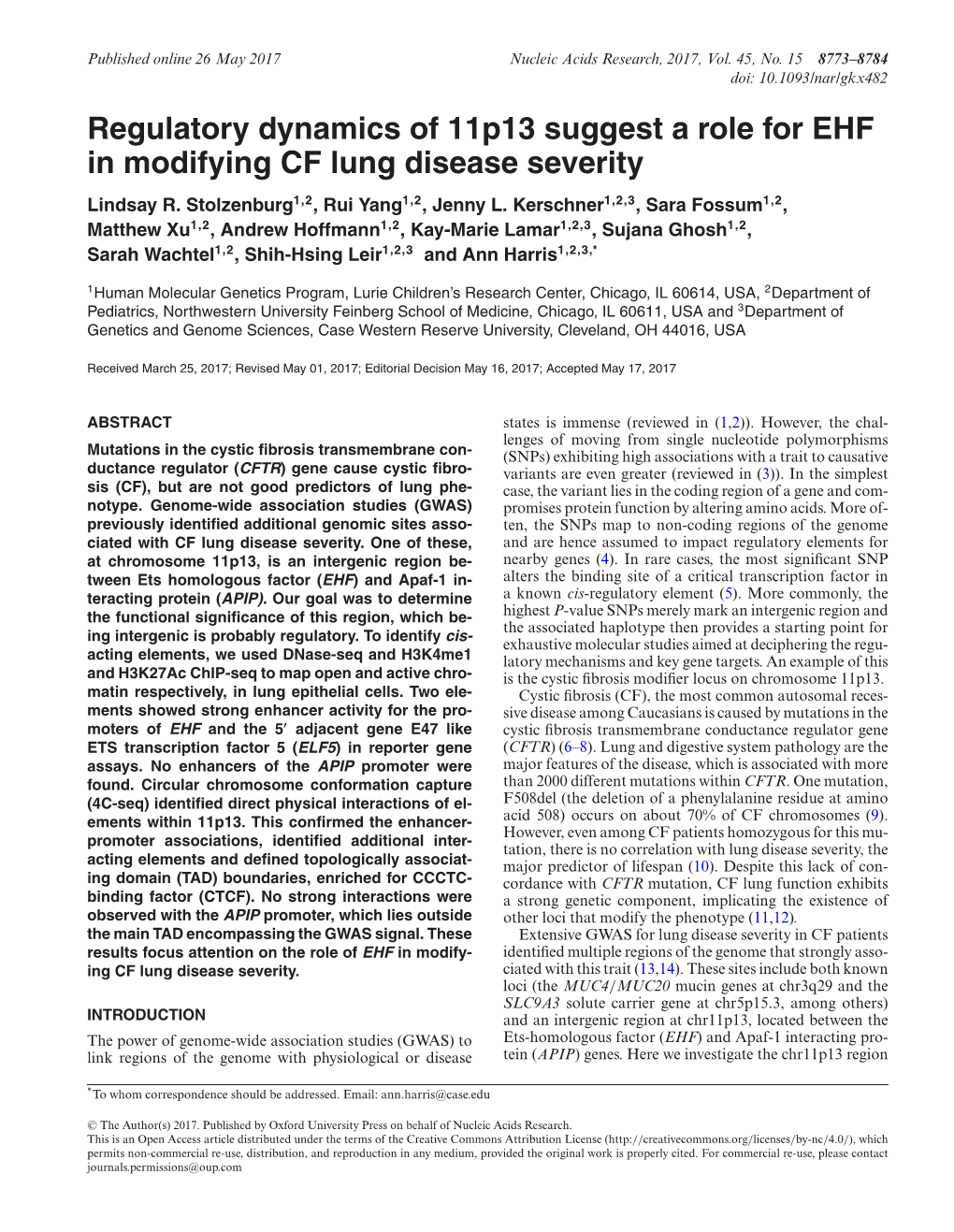Regulatory Dynamics of 11P13 Suggest a Role for EHF in Modifying CF Lung Disease Severity Lindsay R