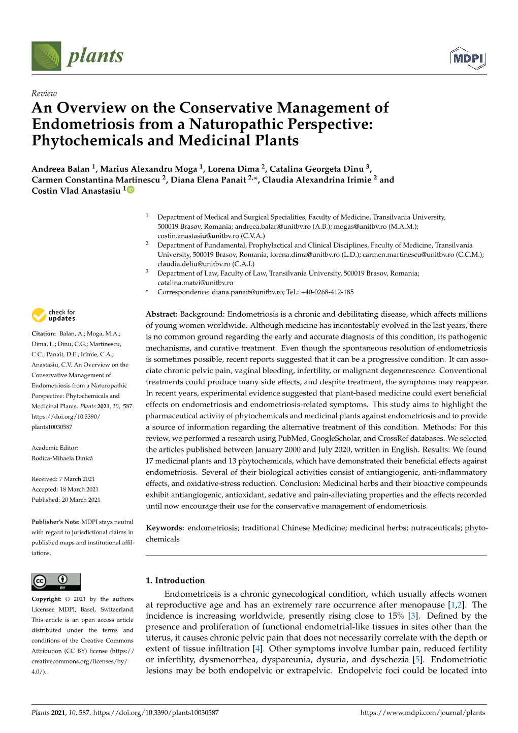 An Overview on the Conservative Management of Endometriosis from a Naturopathic Perspective: Phytochemicals and Medicinal Plants