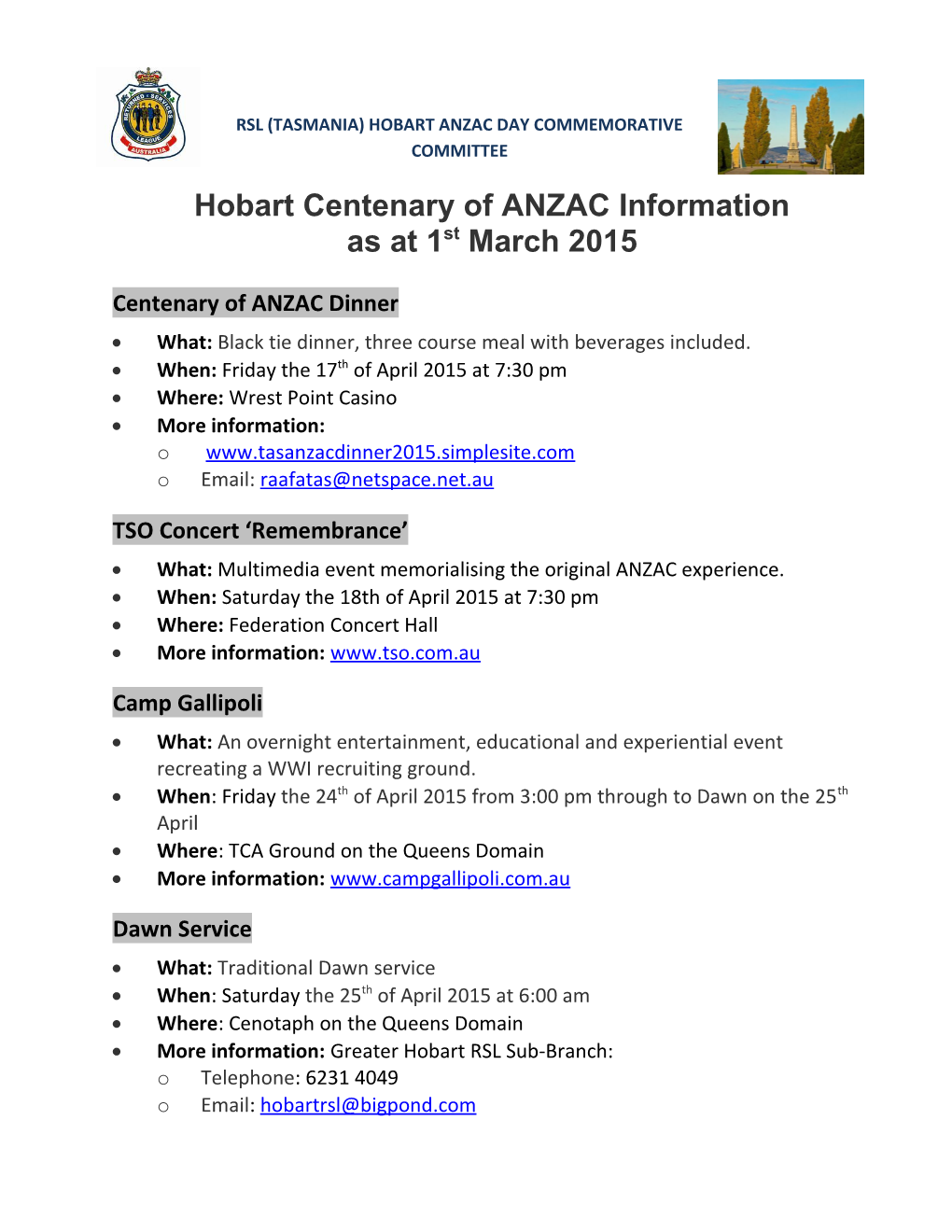 Rsl (Tasmania) Hobart Anzac Day Commemorative Committee