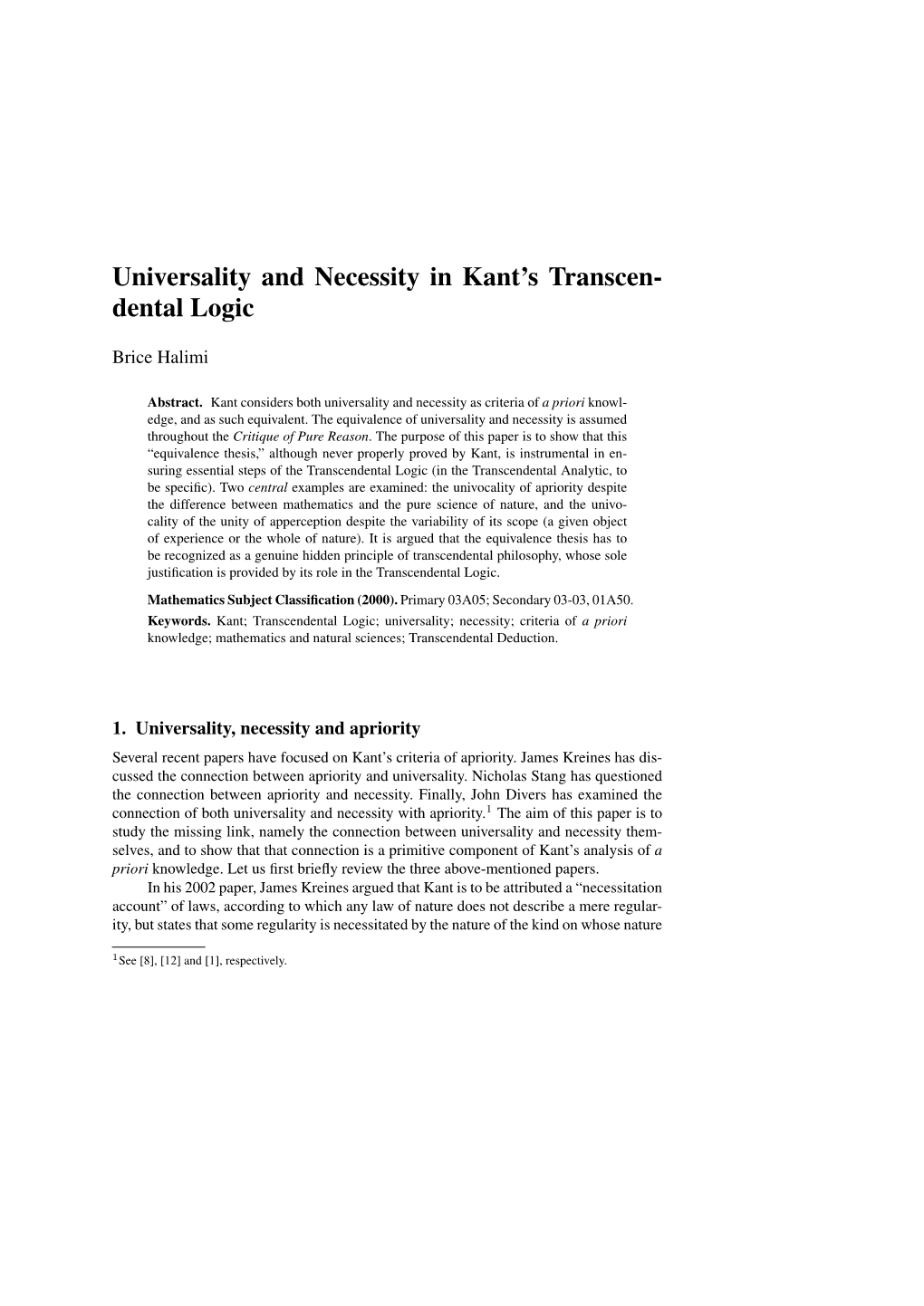 Universality and Necessity in Kant's Transcen- Dental Logic