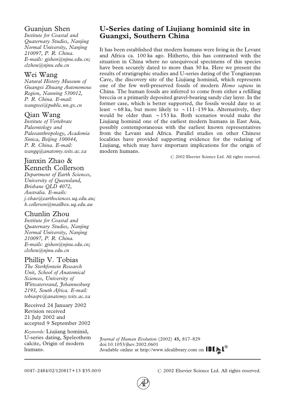 U-Series Dating of Liujiang Hominid Site in Guangxi, Southern China