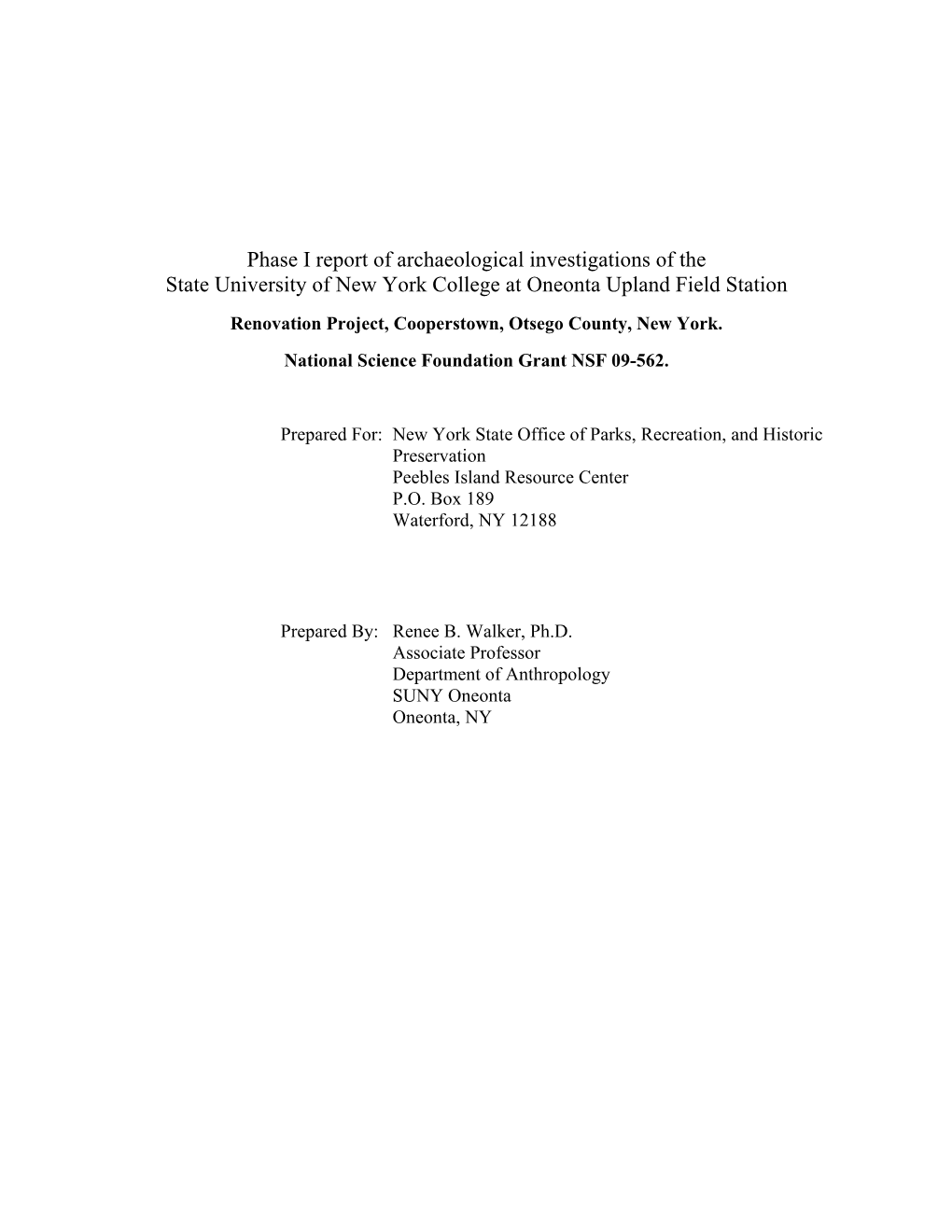 Phase I Report of Archaeological Investigations of the State