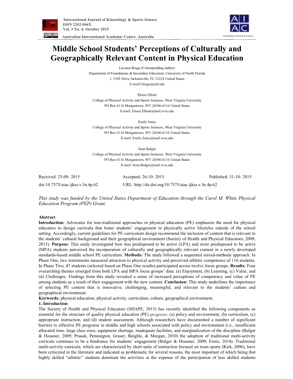 Middle School Students' Perceptions of Culturally and Geographically Relevant Content in Physical Education