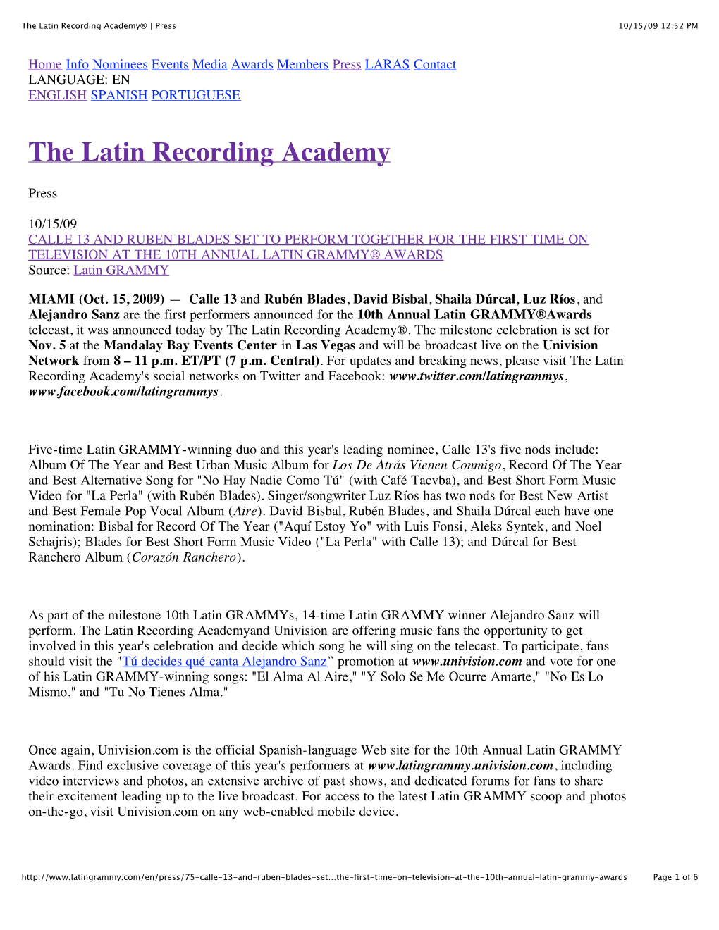 The Latin Recording Academy® | Press 10/15/09 12:52 PM