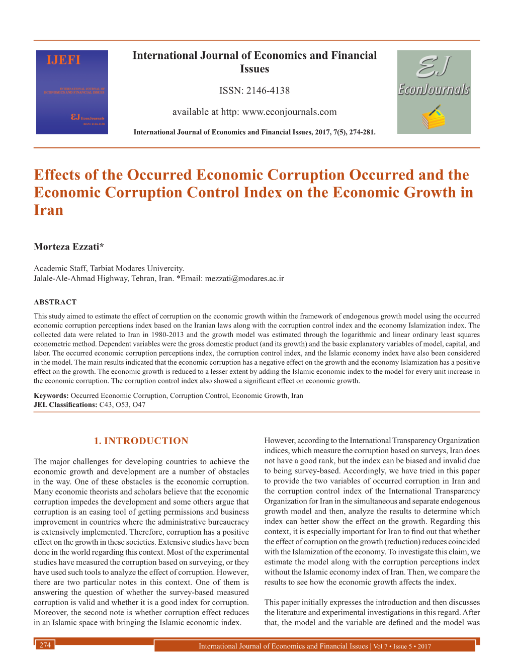 Effects of the Occurred Economic Corruption Occurred and the Economic Corruption Control Index on the Economic Growth in Iran