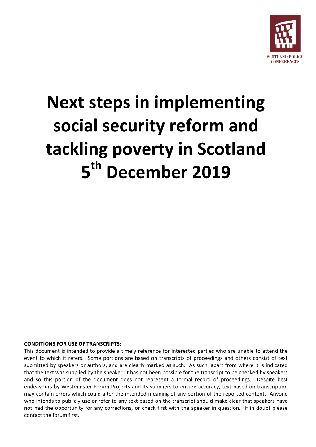 Next Steps in Implementing Social Security Reform and Tackling Poverty in Scotland 5Th December 2019