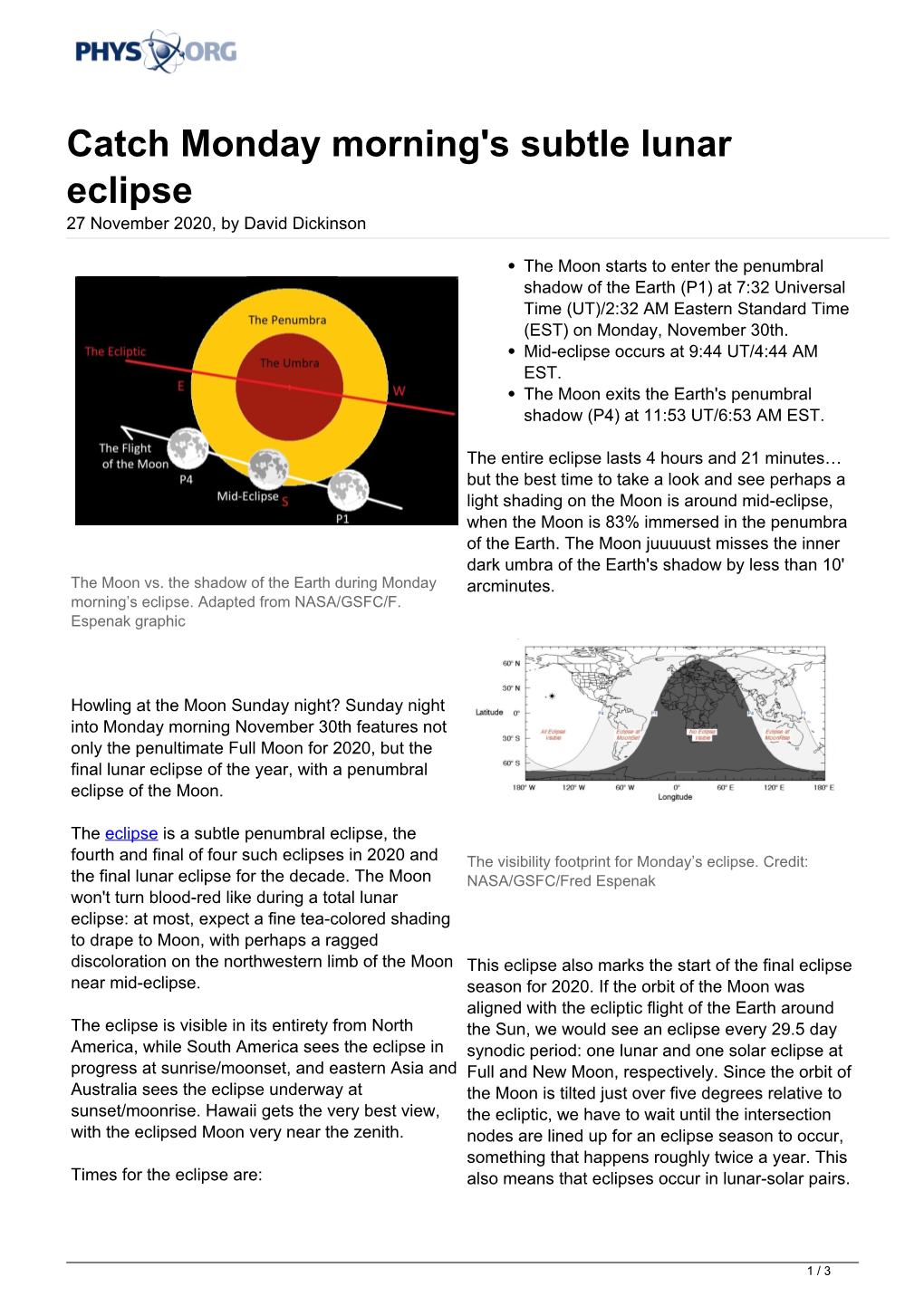 Catch Monday Morning's Subtle Lunar Eclipse 27 November 2020, by David Dickinson